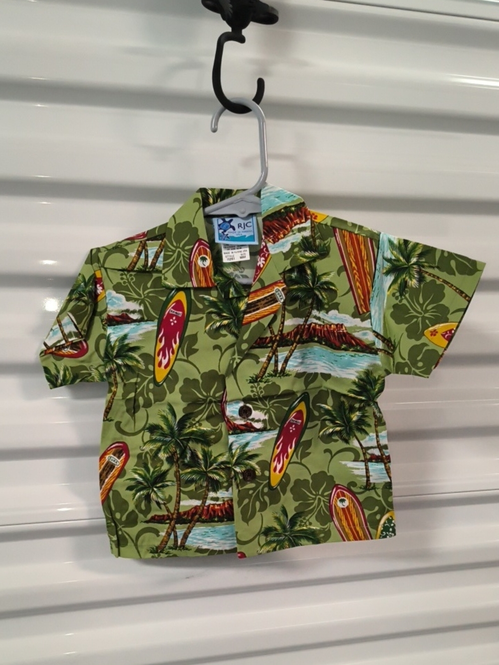 Green Hawaiian Shirt by RJC Kids Boys Size 18M Made in Hawaii Surf Boards Trees